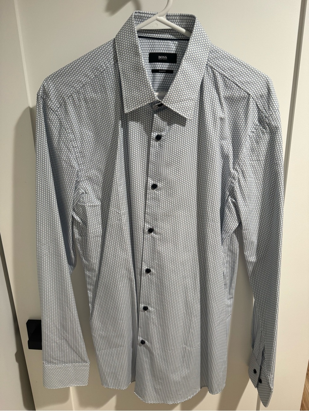 Hugo Boss Slim Fit White Dress Shirt with Dark Micro Dot Pattern